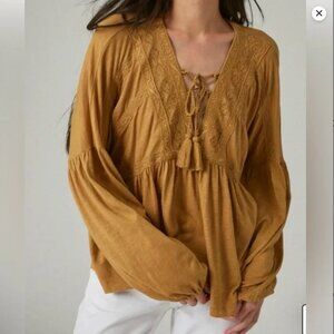 Lucky Brand Long Sleeve Lace Up Peasant Top in Toffee Brown Size XL